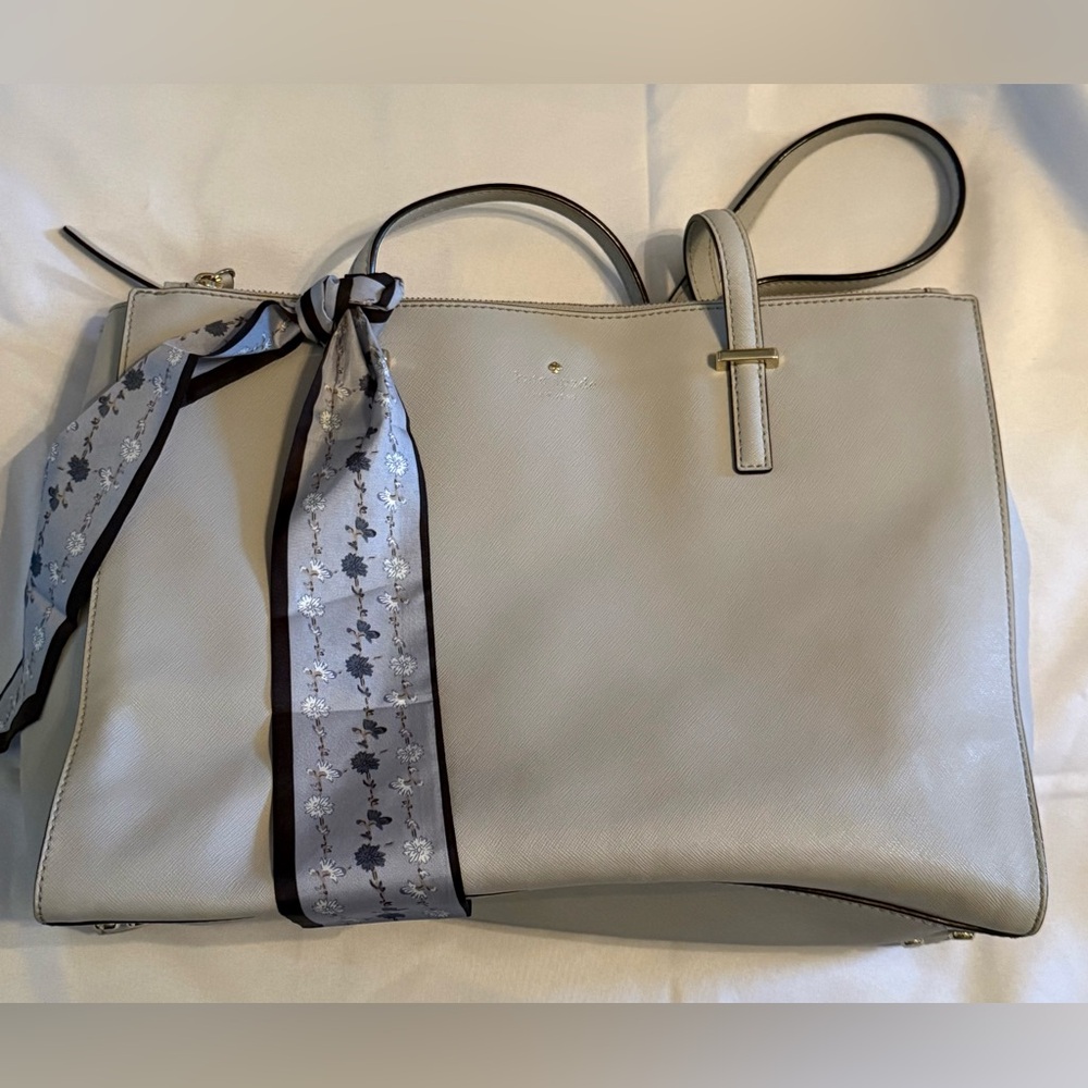 kate spade Light Gray Pebbled Leather Tote with Silk Scarf Accent